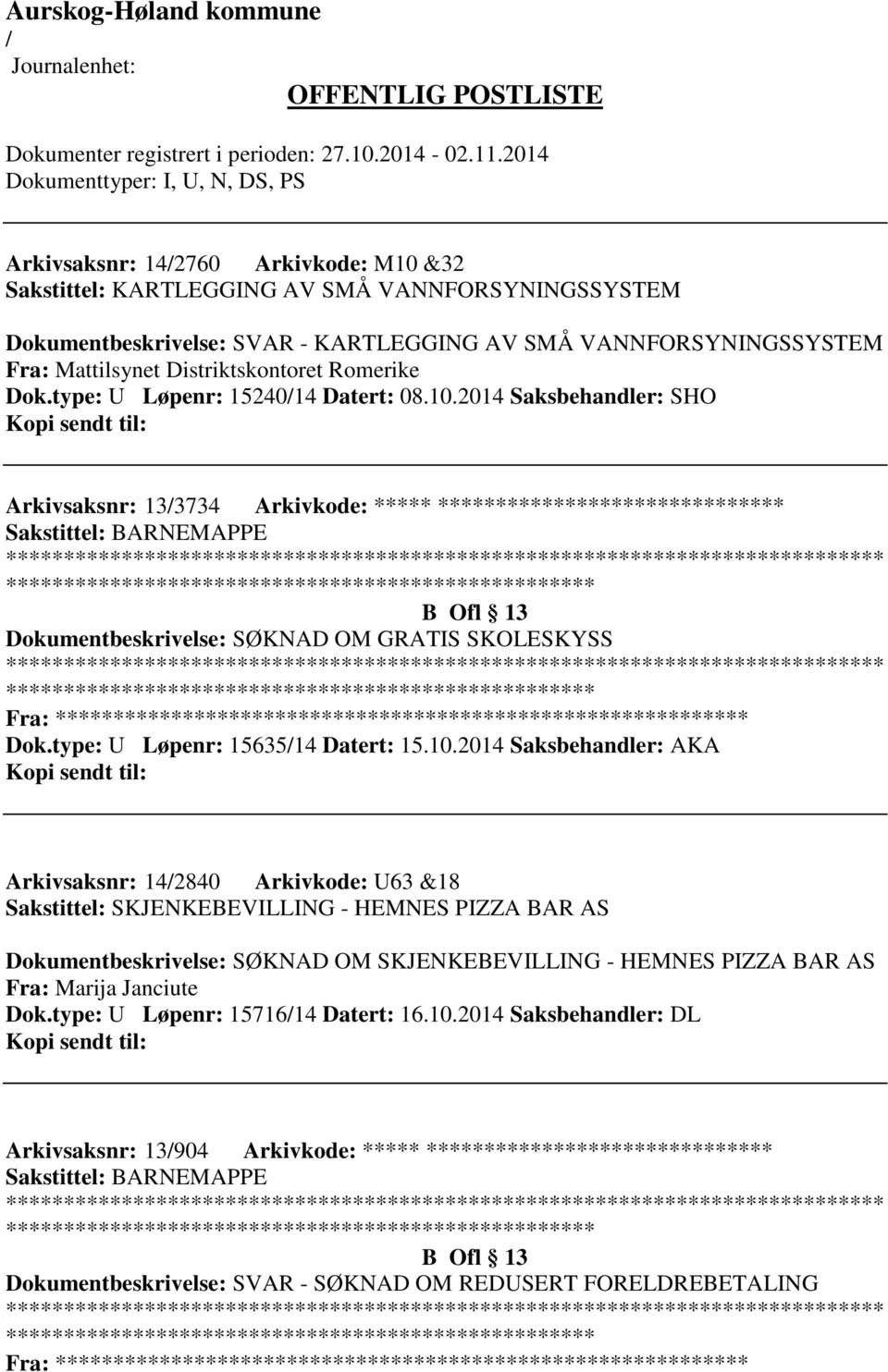 2014 Saksbehandler: SHO Arkivsaksnr: 133734 Arkivkode: ***** ****************************** ************************* B Ofl 13 Dokumentbeskrivelse: SØKNAD OM GRATIS SKOLESKYSS