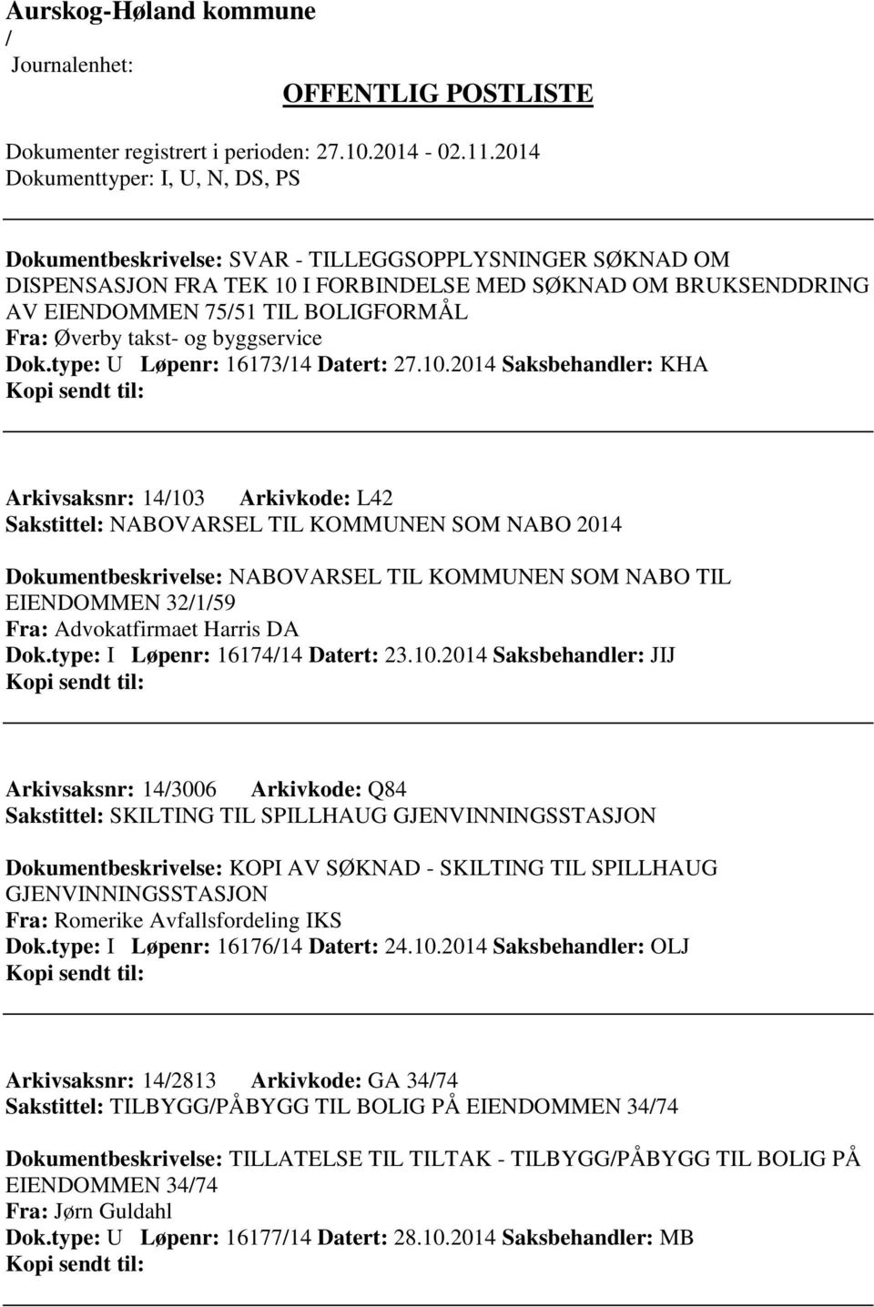 2014 Saksbehandler: KHA Arkivsaksnr: 14103 Arkivkode: L42 Sakstittel: NABOVARSEL TIL KOMMUNEN SOM NABO 2014 Dokumentbeskrivelse: NABOVARSEL TIL KOMMUNEN SOM NABO TIL EIENDOMMEN 32159 Fra: