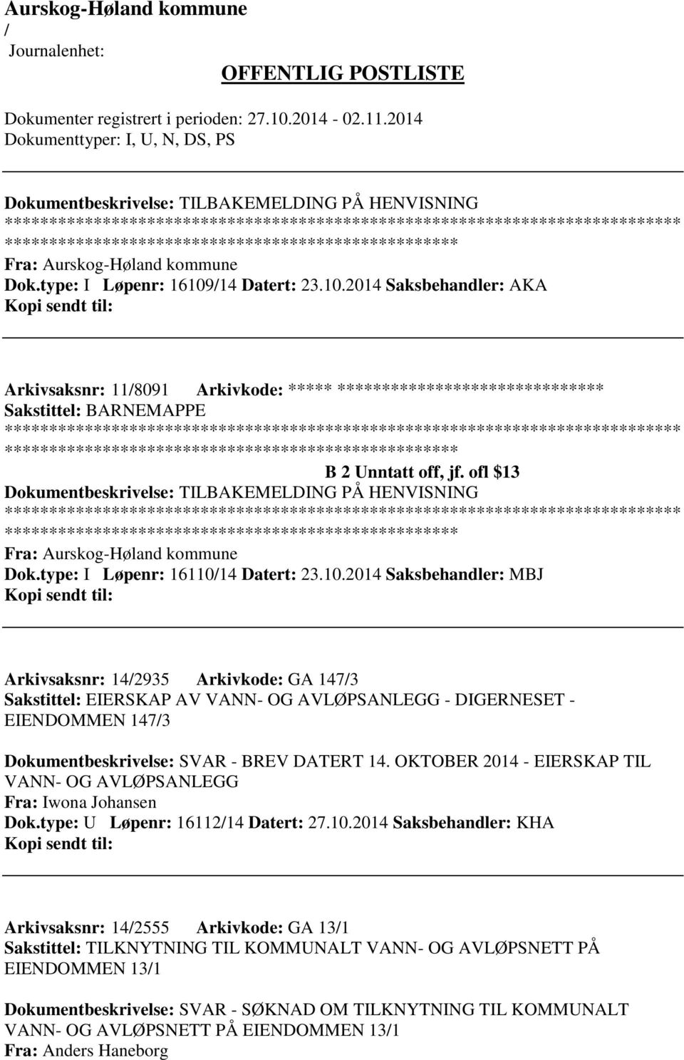 ofl $13 Dokumentbeskrivelse: TILBAKEMELDING PÅ HENVISNING ************************* Fra: Aurskog-Høland kommune Dok.type: I Løpenr: 161101