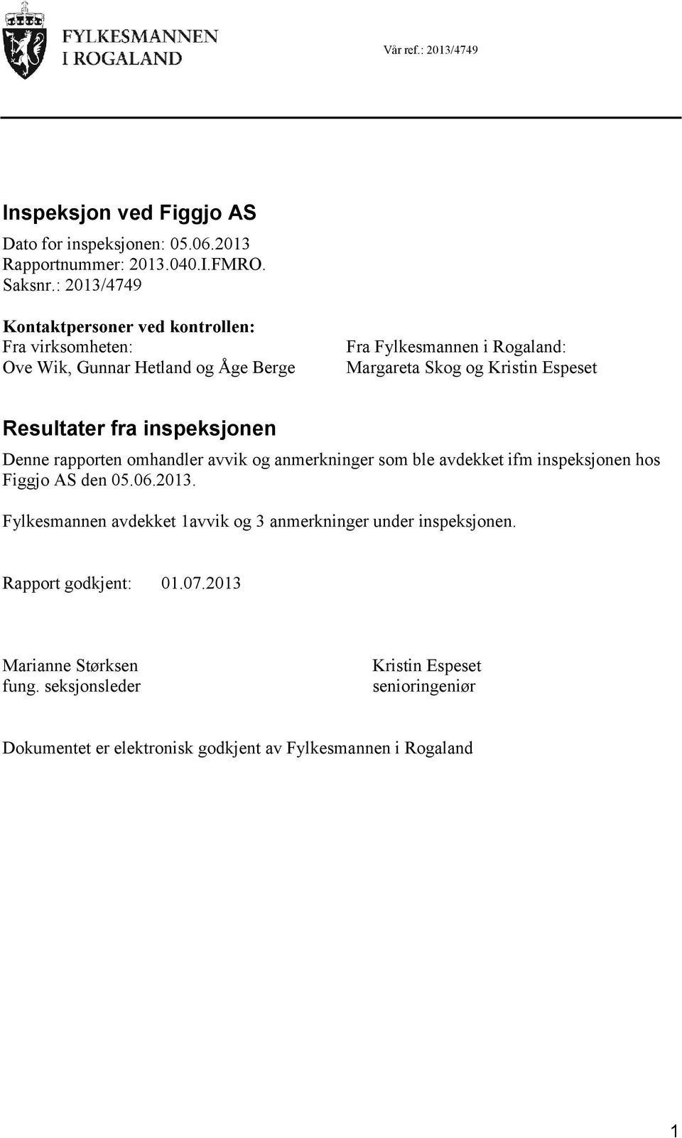 Resultater fra inspeksjonen Denne rapporten omhandler avvik og anmerkninger som ble avdekket ifm inspeksjonen hos Figgjo AS den 05.06.2013.