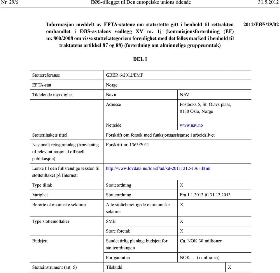 800/2008 om visse støttekategoriers forenlighet med det felles marked i henhold til traktatens artikkel 87 og 88) (forordning om alminnelige gruppeunntak) 2012/EØS/29/02 DEL I Støttereferanse