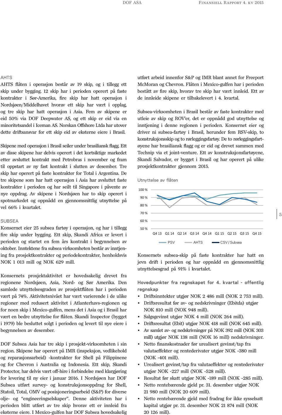 Fem av skipene er eid 50% via DOF Deepwater AS, og ett skip er eid via en minoritetsandel i Iceman AS. Norskan Offshore Ltda har utover dette driftsansvar for ett skip eid av eksterne eiere i Brasil.