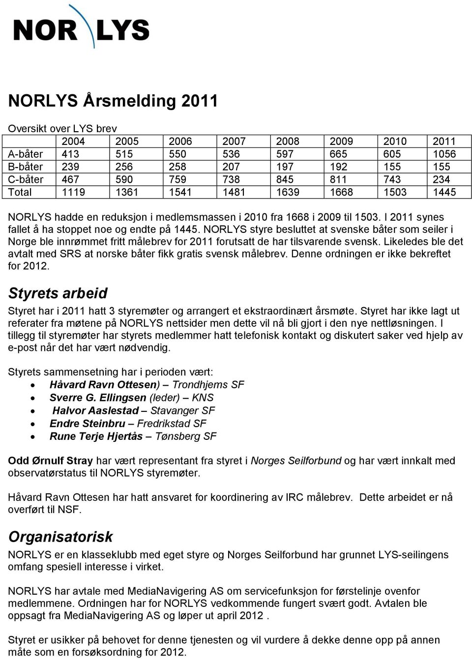 NORLYS styre besluttet at svenske båter som seiler i Norge ble innrømmet fritt målebrev for 2011 forutsatt de har tilsvarende svensk.