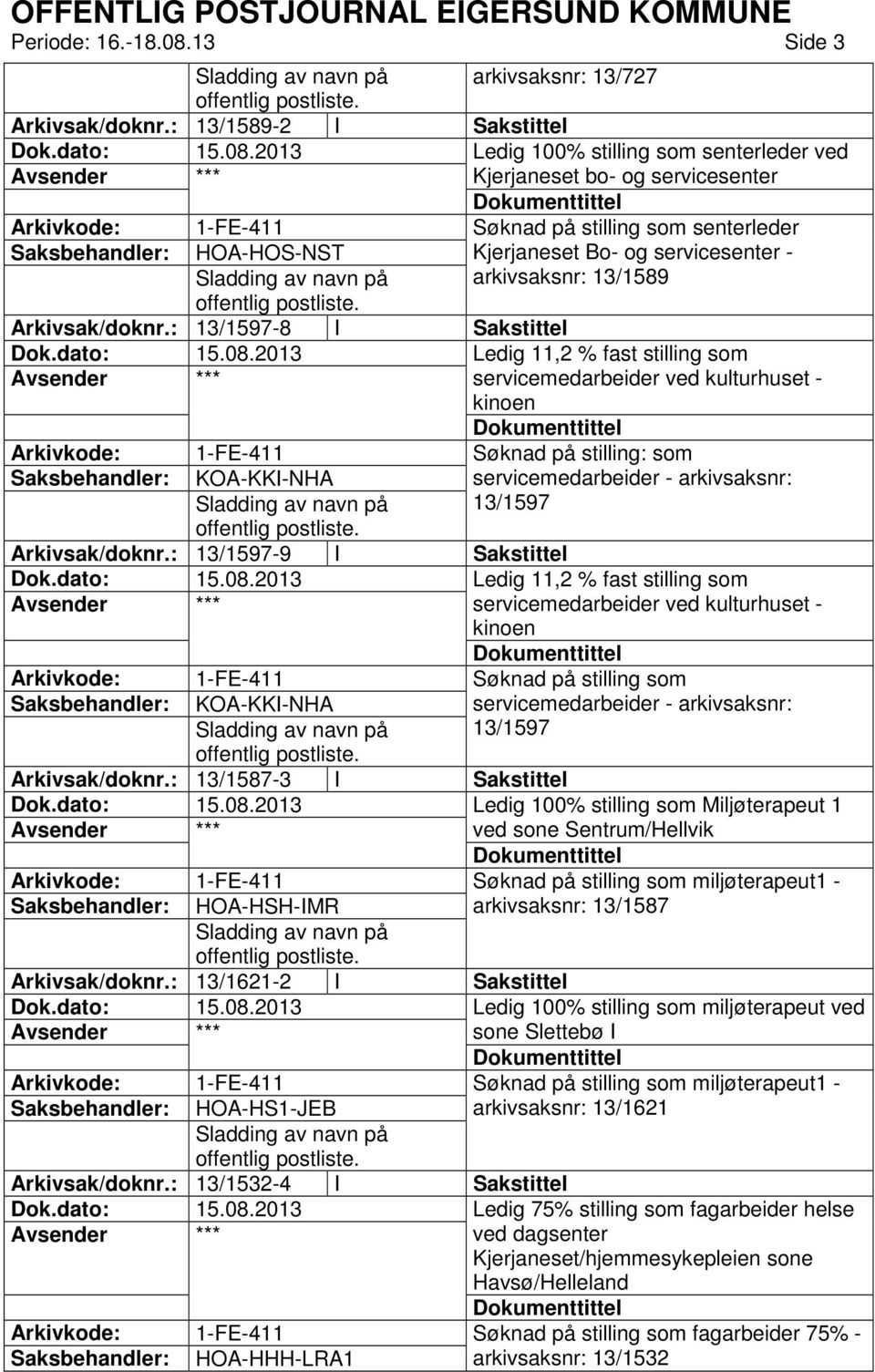 arkivsaksnr: 13/1589 Arkivsak/doknr.: 13/1597-8 I Sakstittel kinoen 1-FE-411 KOA-KKI-NHA Arkivsak/doknr.