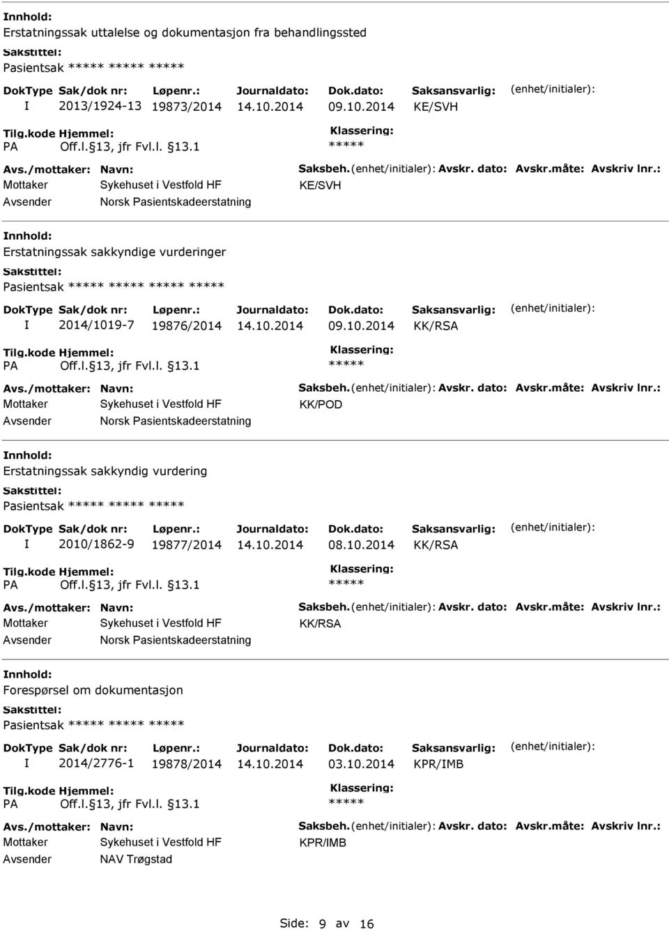 : KK/POD Norsk Pasientskadeerstatning Erstatningssak sakkyndig vurdering Pasientsak 2010/1862-9 19877/2014 08.10.2014 KK/RSA Avs./mottaker: Navn: Saksbeh. Avskr. dato: Avskr.måte: Avskriv lnr.