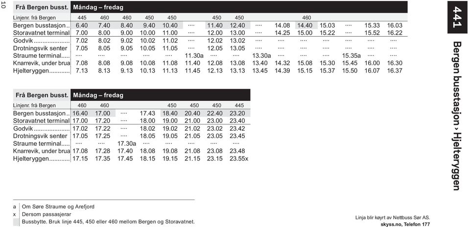 30a 15.35a Knarrevik, under brua 7.08 8.08 9.08 10.08 11.08 11.40 12.08 13.08 13.40 14.32 15.08 15.30 15.45 16.00 16.30 Hjelteryggen... 7.13 8.13 9.13 10.13 11.13 11.45 12.13 13.13 13.45 14.39 15.