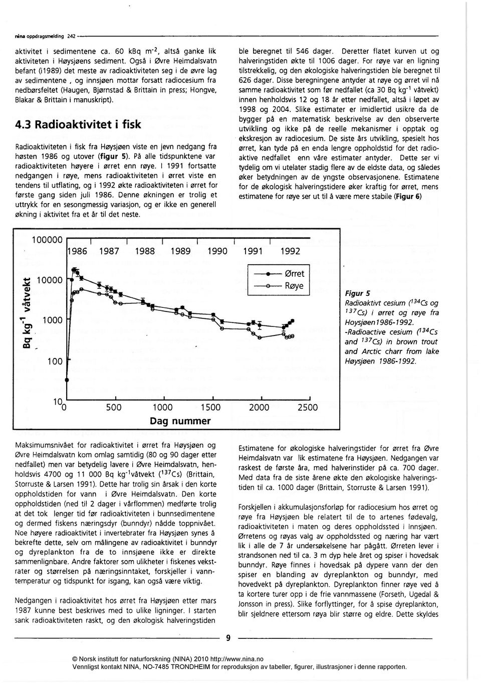 press; Hongve, Blakar & Brittain i manuskript). 4.3 Radioaktivitet i fisk Radioaktiviteten i fisk fra Høysjøen viste en jevn nedgang fra høsten 1986 og utover (figur 5).