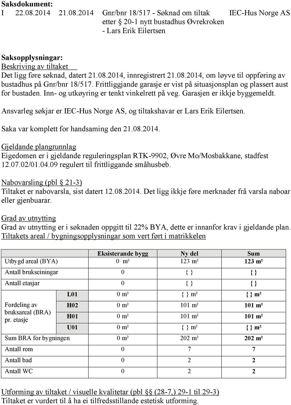 Garasjen er ikkje byggemeldt. Ansvarleg søkjar er, og tiltakshavar er Lars Erik Eilertsen. Saka var komplett for handsaming den 2.08.204.