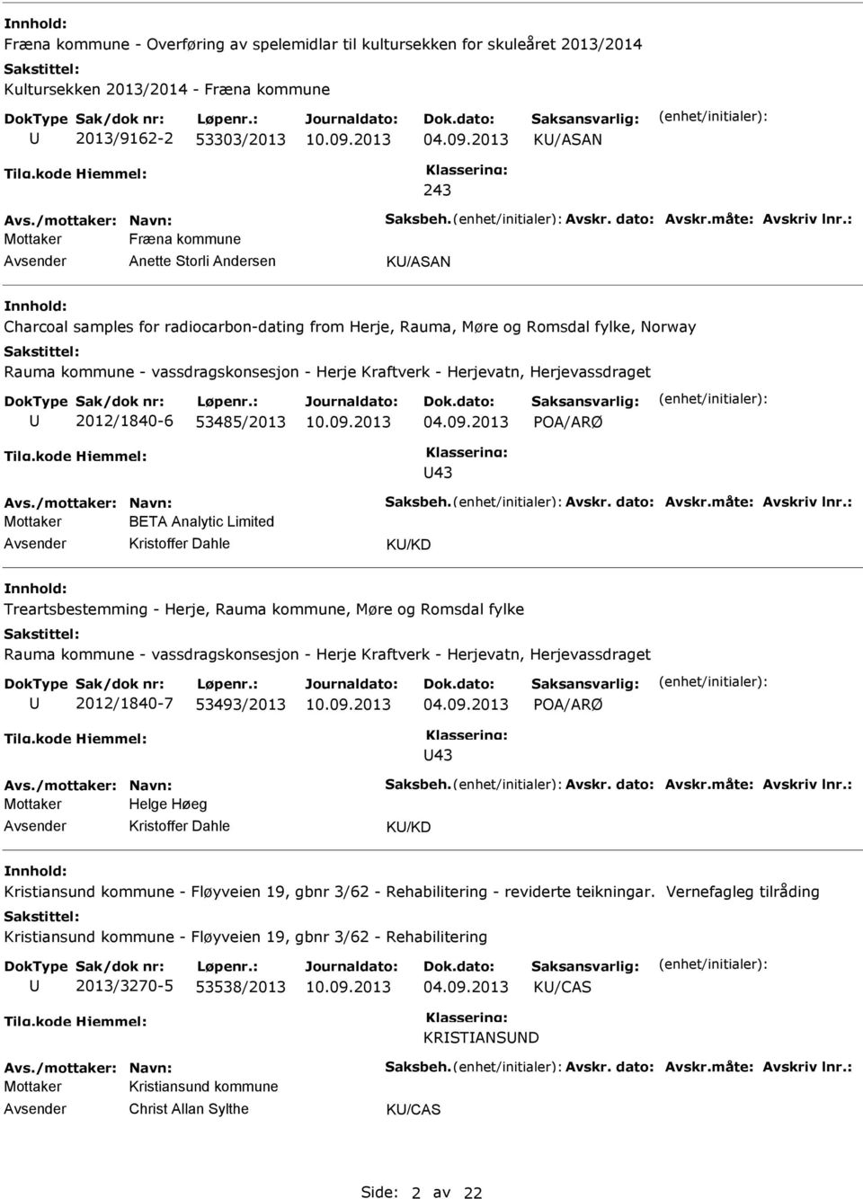 : Mottaker Fræna kommune Anette Storli Andersen K/ASAN Charcoal samples for radiocarbon-dating from Herje, Rauma, Møre og Romsdal fylke, Norway Rauma kommune - vassdragskonsesjon - Herje Kraftverk -