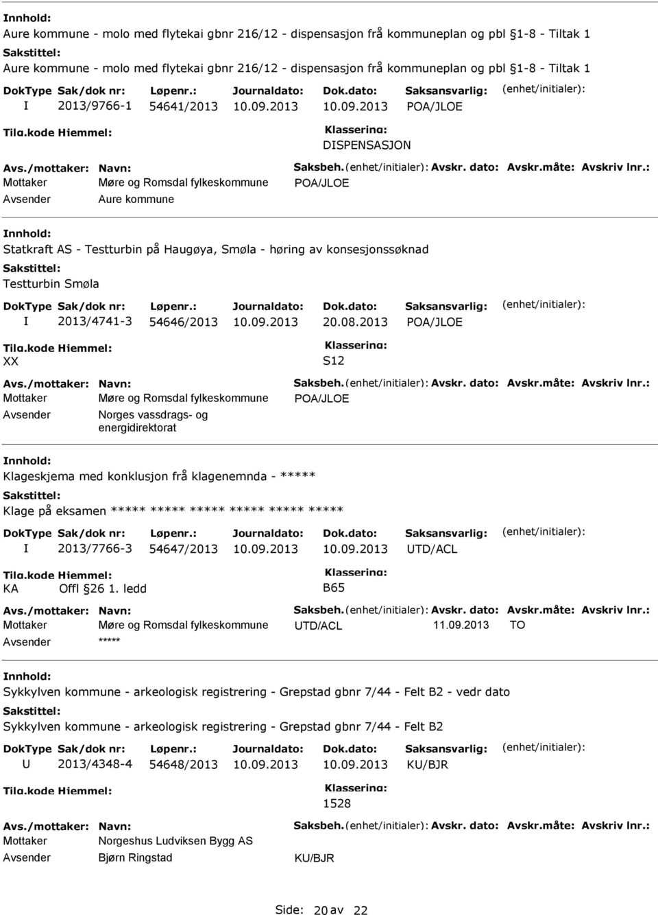 : Mottaker Møre og Romsdal fylkeskommune POA/JLOE Aure kommune Statkraft AS - Testturbin på Haugøya, Smøla - høring av konsesjonssøknad Testturbin Smøla 2013/4741-3 54646/2013 20.08.