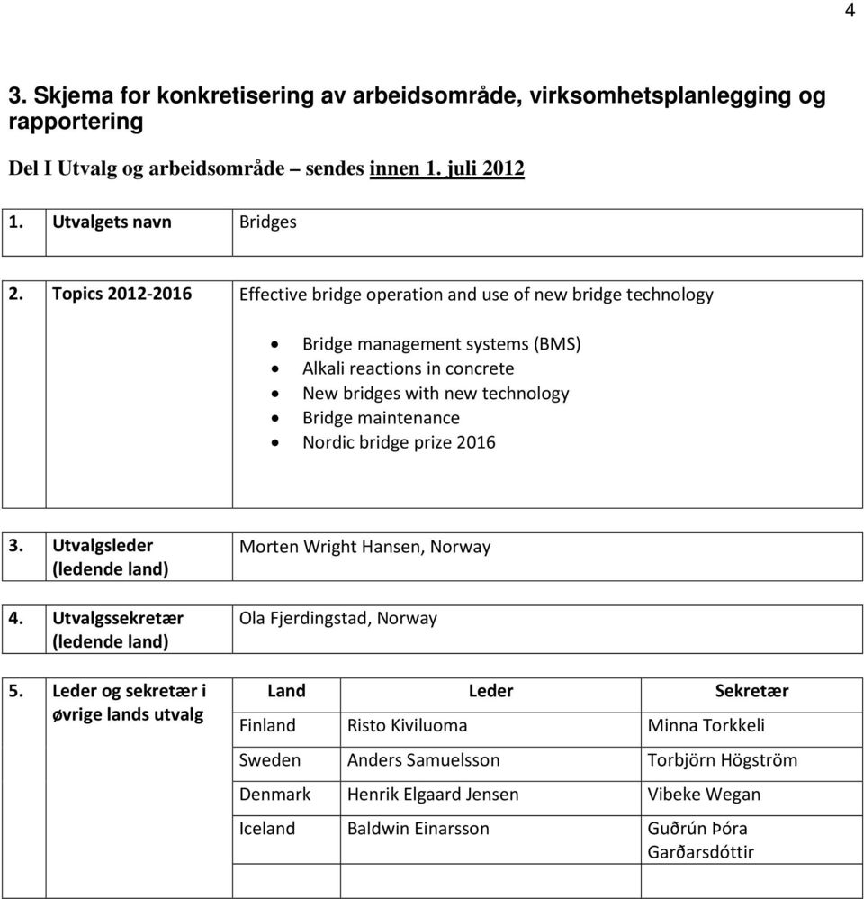 maintenance Nordic bridge prize 2016 3. Utvalgsleder (ledende land) 4. Utvalgssekretær (ledende land) 5.