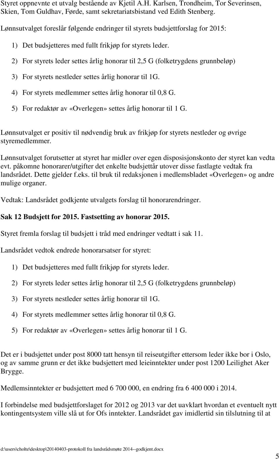 2) For styrets leder settes årlig honorar til 2,5 G (folketrygdens grunnbeløp) 3) For styrets nestleder settes årlig honorar til 1G. 4) For styrets medlemmer settes årlig honorar til 0,8 G.