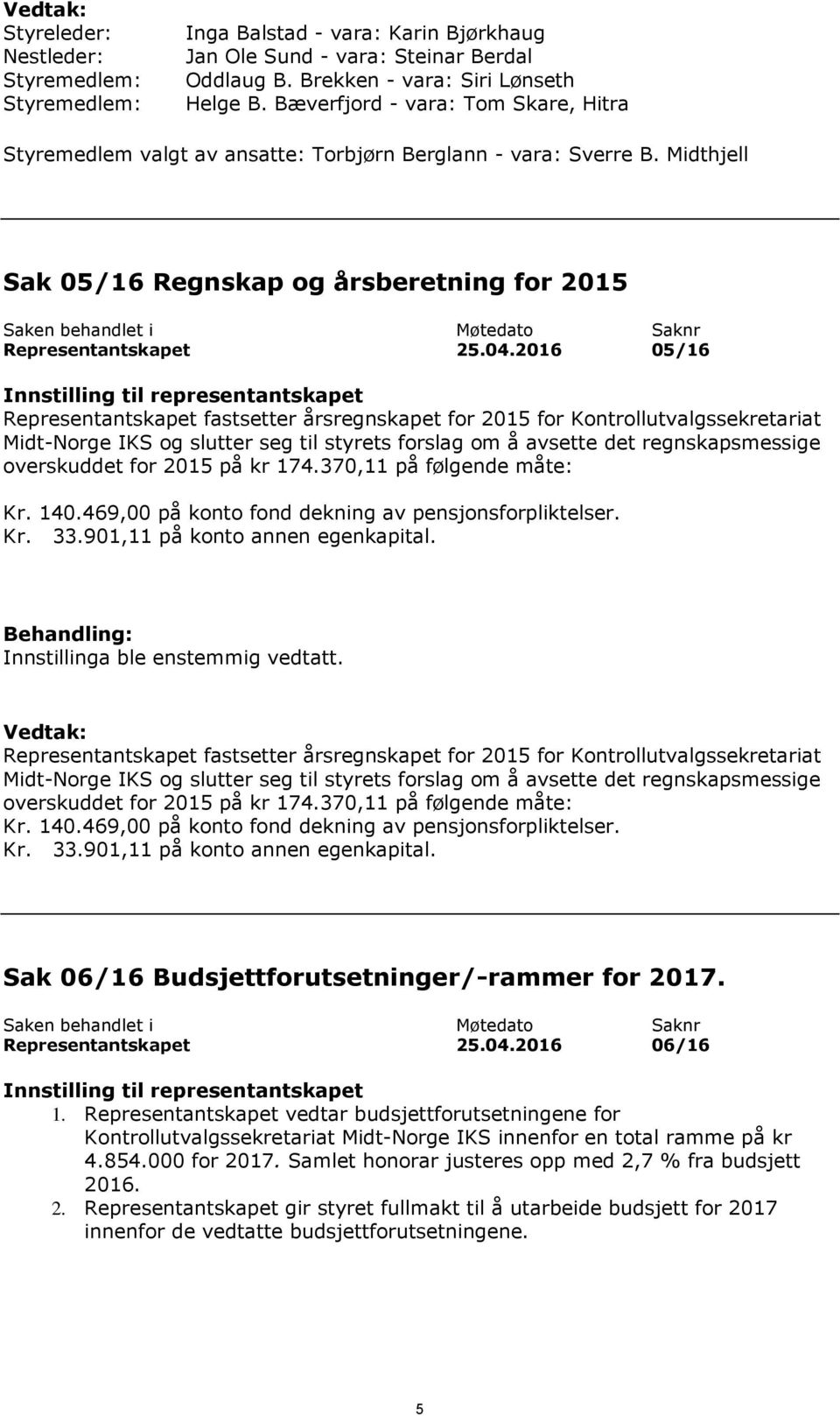 Midthjell Sak 05/16 Regnskap og årsberetning for 2015 Saken behandlet i Møtedato Saknr Representantskapet 25.04.