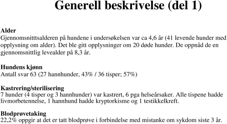 Hundens kjønn Antall svar 63 (27 hannhunder, 43% / 36 tisper; 57%) Kastrering/sterilisering 7 hunder (4 tisper og 3 hannhunder) var kastrert, 6 pga