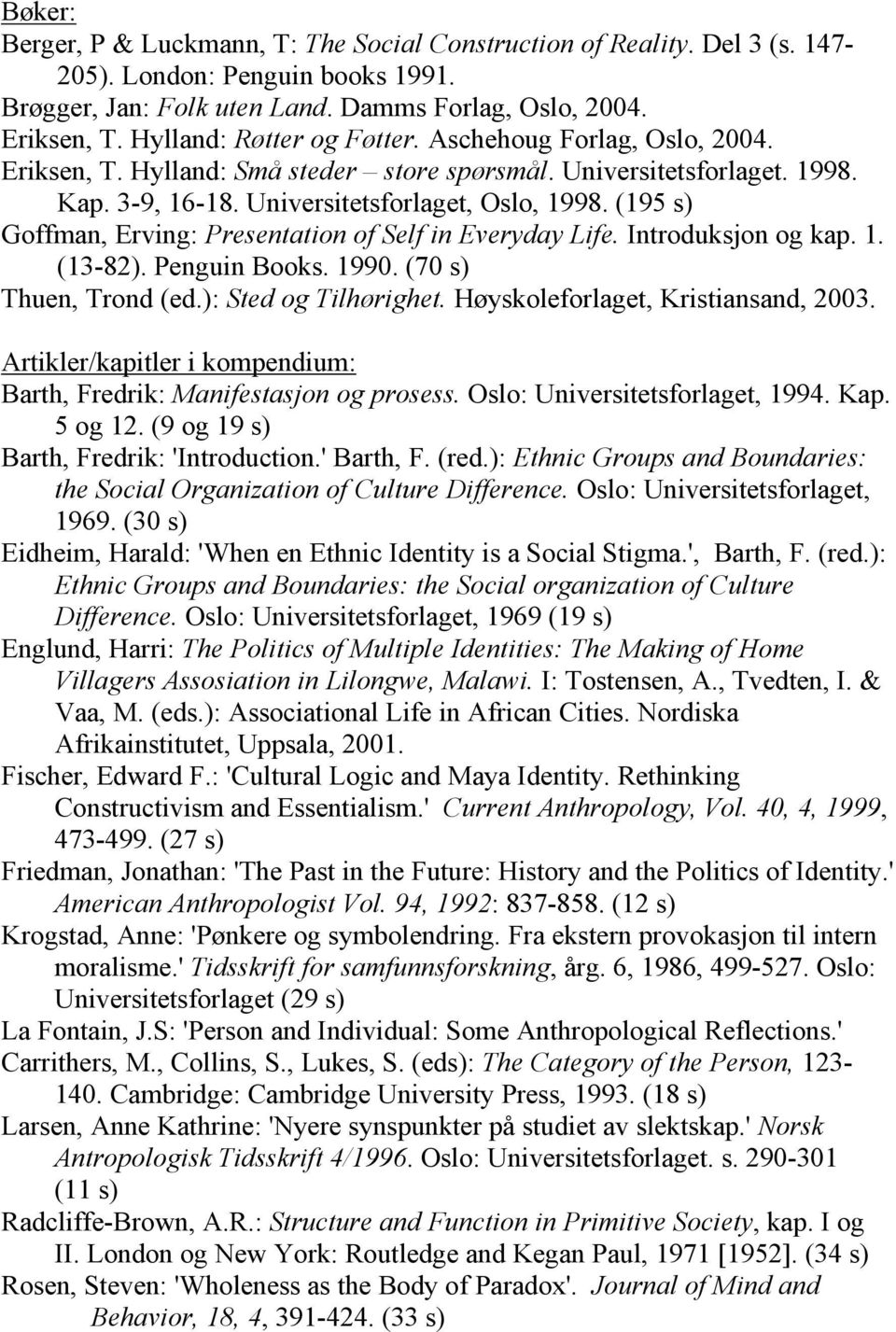 (195 s) Goffman, Erving: Presentation of Self in Everyday Life. Introduksjon og kap. 1. (13-82). Penguin Books. 1990. (70 s) Thuen, Trond (ed.): Sted og Tilhørighet.