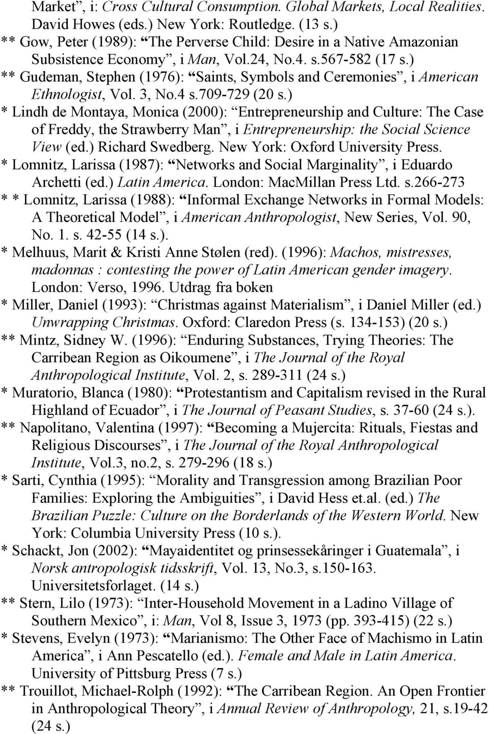 ) ** Gudeman, Stephen (1976): Saints, Symbols and Ceremonies, i American Ethnologist, Vol. 3, No.4 s.709-729 (20 s.