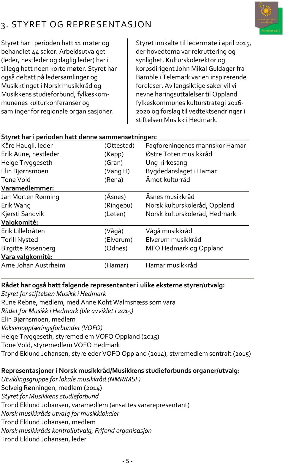 Styret innkalte til ledermøte i april 2015, der hovedtema var rekruttering og synlighet. Kulturskolerektor og korpsdirigent John Mikal Guldager fra Bamble i Telemark var en inspirerende foreleser.