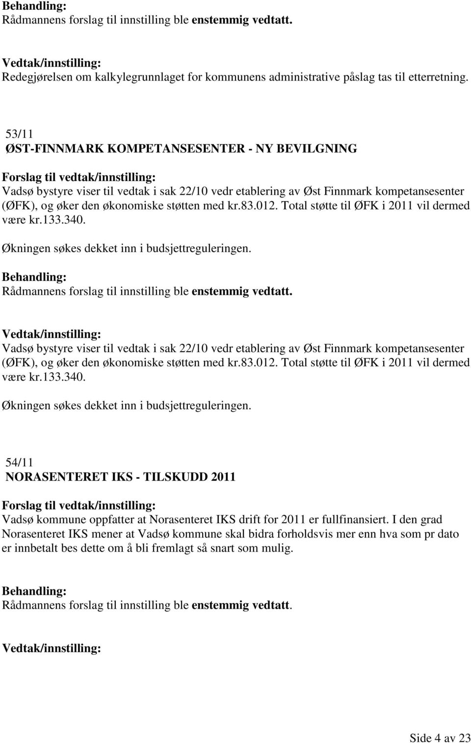 Total støtte til ØFK i 2011 vil dermed være kr.133.340. Økningen søkes dekket inn i budsjettreguleringen. Rådmannens forslag til innstilling ble enstemmig vedtatt.