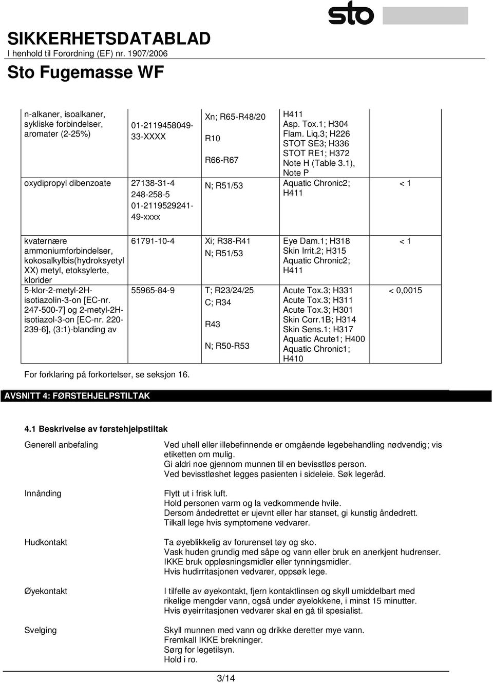 1), Note P N; R51/53 Aquatic Chronic2; H411 < 1 kvaternære ammoniumforbindelser, kokosalkylbis(hydroksyetyl XX) metyl, etoksylerte, klorider 5-klor-2-metyl-2Hisotiazolin-3-on [EC-nr.