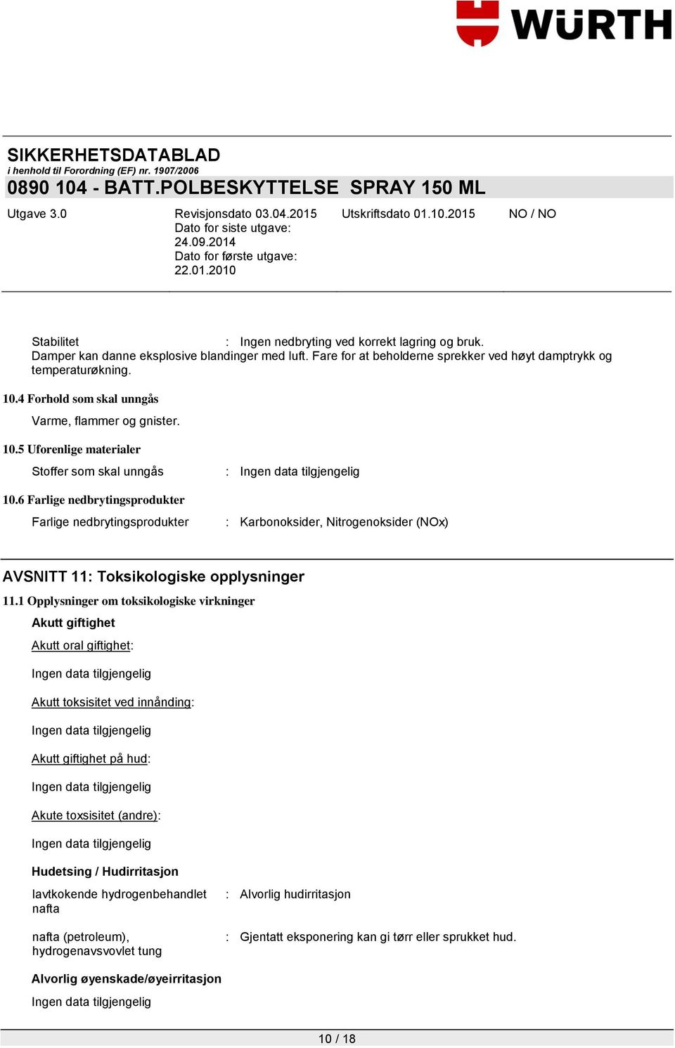 6 Farlige nedbrytingsprodukter Farlige nedbrytingsprodukter : Karbonoksider, Nitrogenoksider (NOx) AVSNITT 11: Toksikologiske opplysninger 11.