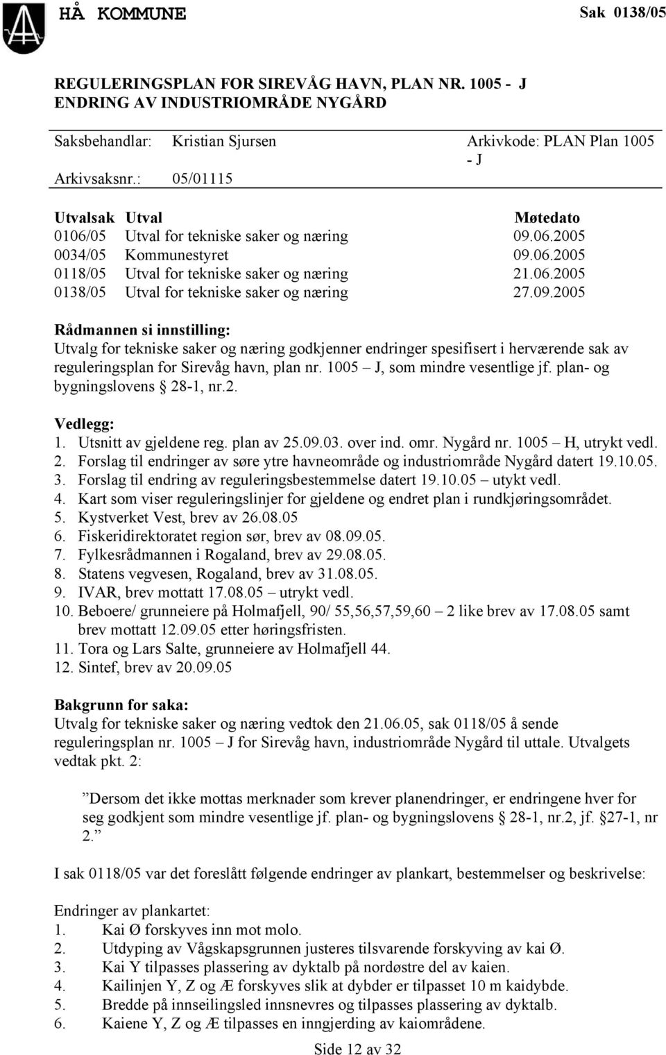 09.2005 Rådmannen si innstilling: Utvalg for tekniske saker og næring godkjenner endringer spesifisert i herværende sak av reguleringsplan for Sirevåg havn, plan nr. 1005 J, som mindre vesentlige jf.