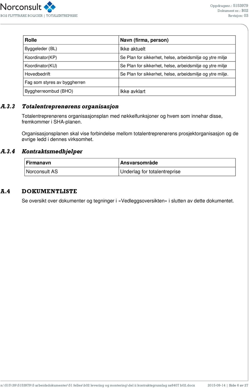 3 Totalentreprenørens organisasjon Totalentreprenørens organisasjonsplan med nøkkelfunksjoner og hvem som innehar disse, fremkommer i SHA-planen.