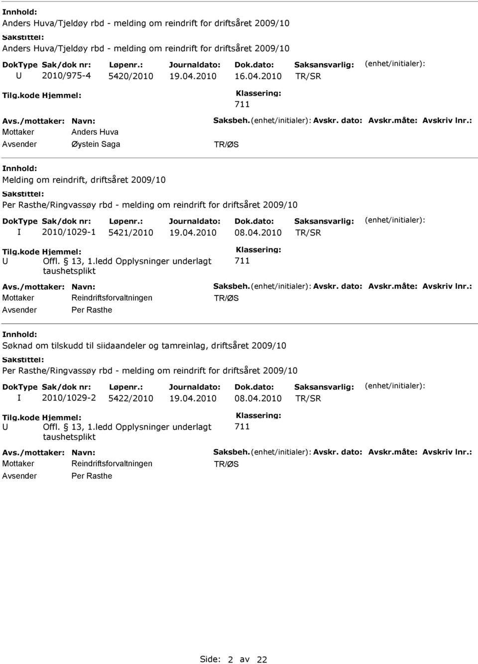 : Mottaker Anders Huva Avsender Øystein Saga nnhold: Per Rasthe/Ringvassøy rbd - melding om reindrift for driftsåret 2009/10 2010/1029-1 5421/2010 08.04.2010 Avs.