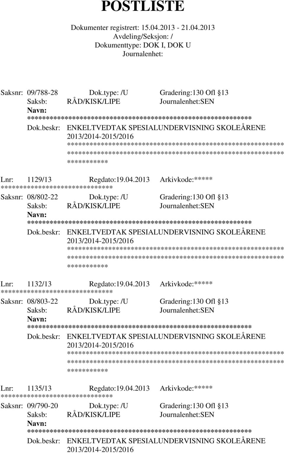 type: /U Gradering:130 Ofl 13 ** Lnr: 1132/13 Regdato:19.04.