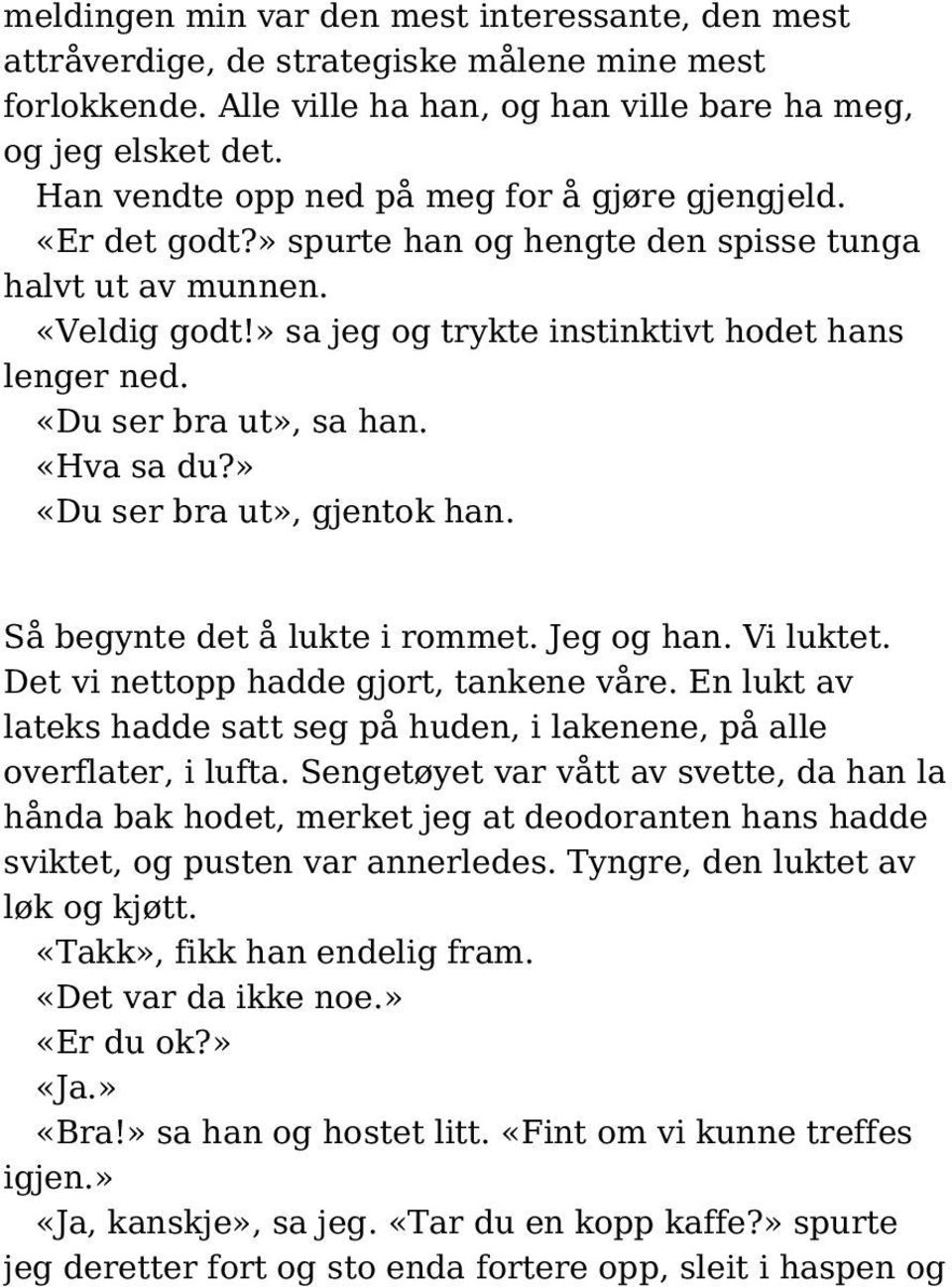 «Du ser bra ut», sa han. «Hva sa du?» «Du ser bra ut», gjentok han. Så begynte det å lukte i rommet. Jeg og han. Vi luktet. Det vi nettopp hadde gjort, tankene våre.