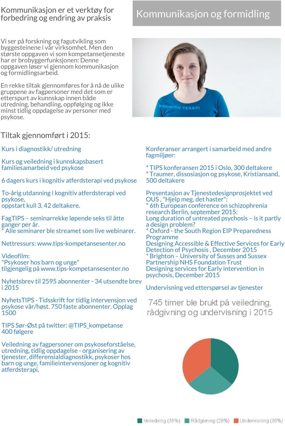 En rekke tiltak gjennomføres for å nå de ulike gruppene av fagpersoner med det som er etterspurt av kunnskap innen både utredning, behandling, oppfølging og ikke minst tidlig oppdagelse av personer