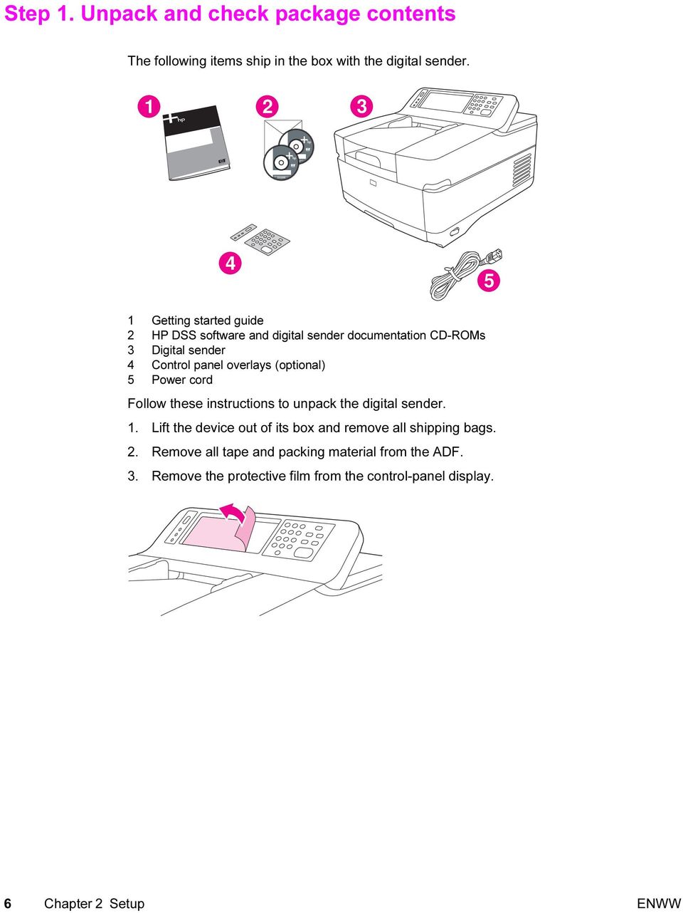 overlays (optional) 5 Power cord Follow these instructions to unpack the digital sender. 1.