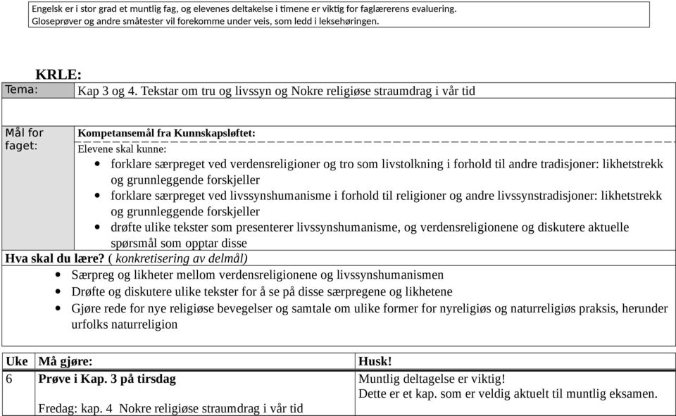 Tekstar om tru og livssyn og Nokre religiøse straumdrag i vår tid Mål for Kompetansemål fra Kunnskapsløftet: faget: Elevene skal kunne: forklare særpreget ved verdensreligioner og tro som