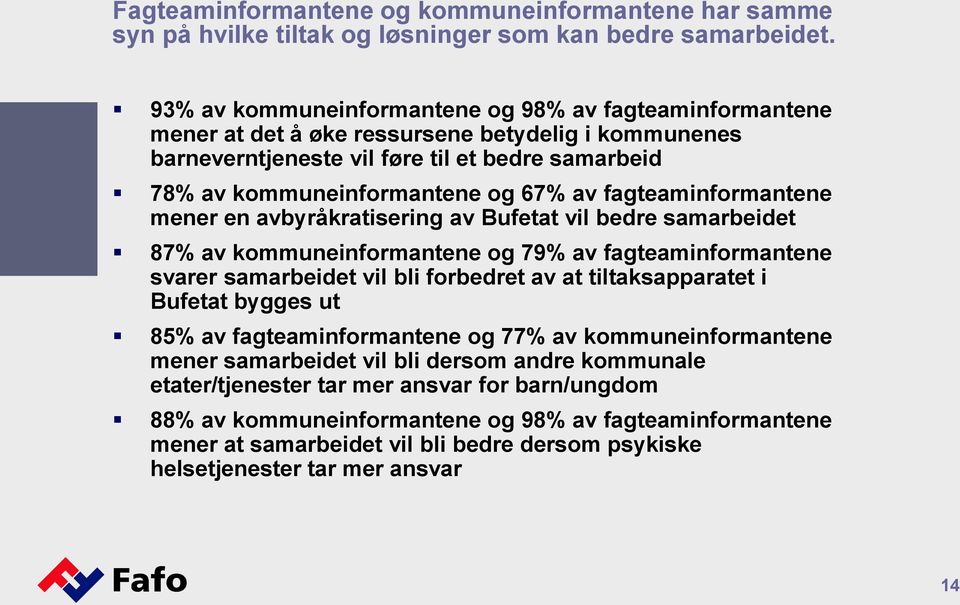 fagteaminformantene mener en avbyråkratisering av Bufetat vil bedre samarbeidet 87% av kommuneinformantene og 79% av fagteaminformantene svarer samarbeidet vil bli forbedret av at tiltaksapparatet i