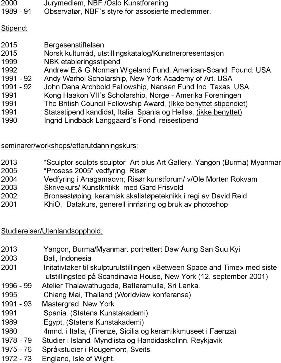 USA 1991-92 Andy Warhol Scholarship, New York Academy of Art. USA 1991-92 John Dana Archbold Fellowship, Nansen Fund Inc. Texas.