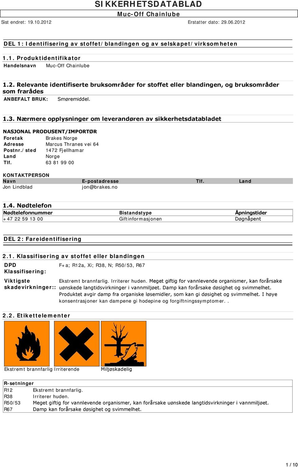 Nærmere opplysninger om leverandøren av sikkerhetsdatabladet NASJONAL PRODUSENT/IMPORTØR Foretak Brakes Norge Adresse Marcus Thranes vei 64 Postnr./sted 1472 Fjellhamar Land Norge Tlf.