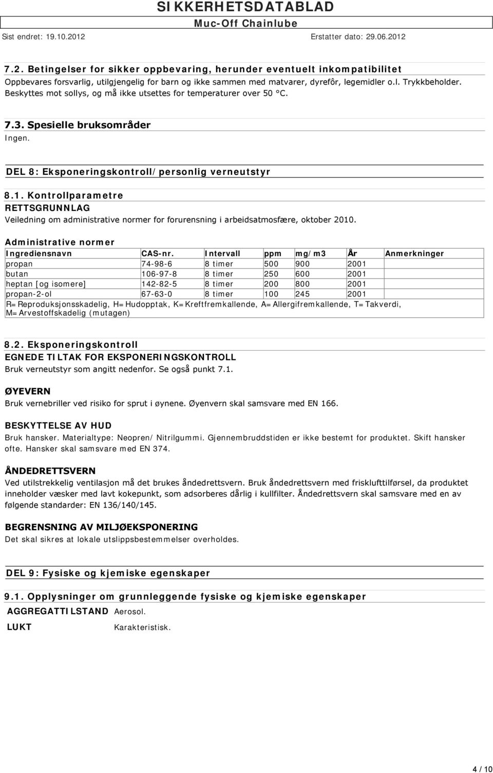 Kontrollparametre RETTSGRUNNLAG Veiledning om administrative normer for forurensning i arbeidsatmosfære, oktober 2010. Administrative normer Ingrediensnavn CAS-nr.