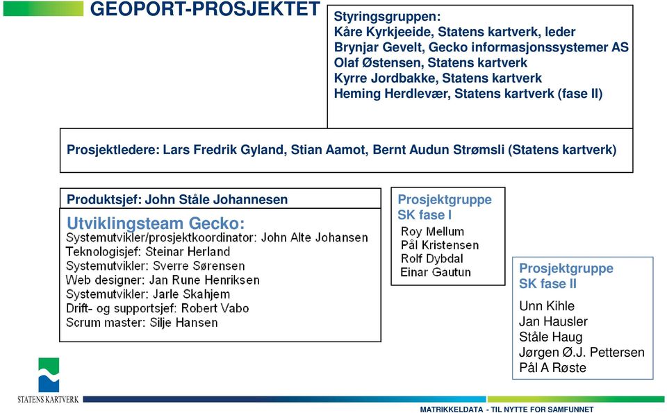Prosjektledere: Lars Fredrik Gyland, Stian Aamot, Bernt Audun Strømsli (Statens kartverk) Produktsjef: John Ståle Johannesen