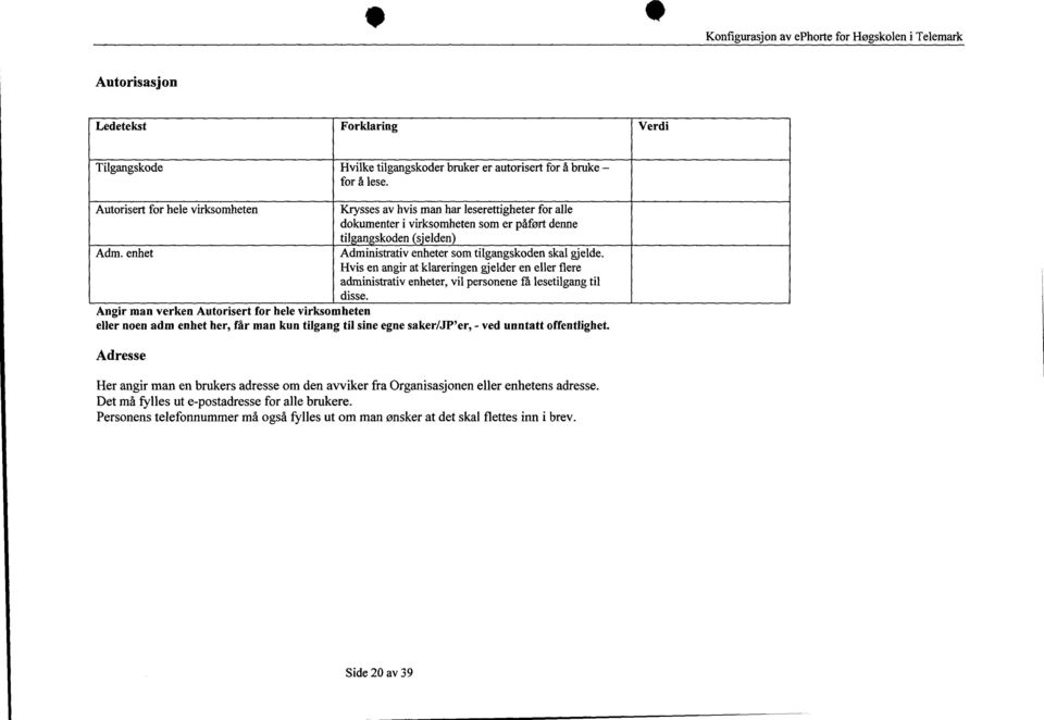 enhet Administrativ enheter som tilgangskoden skal gjelde. Hvis en angir at klareringen gjelder en eller flere administrativ enheter, vil personene få lesetilgang til disse.