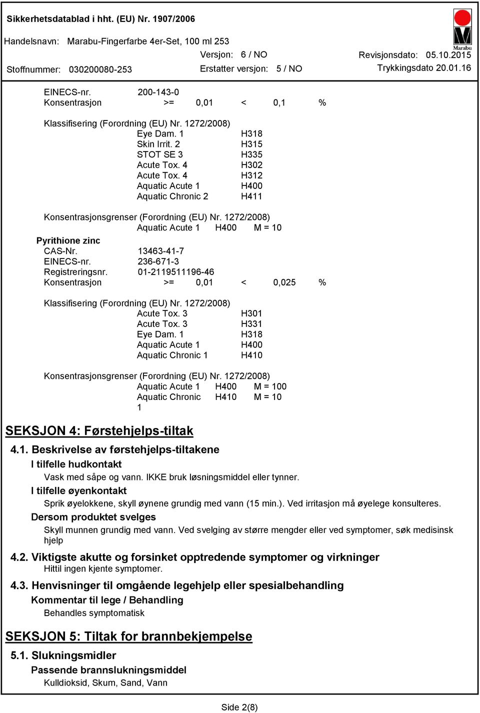 4 Aquatic Acute 1 Aquatic Chronic 2 H318 H315 H335 H302 H312 H400 H411 Konsentrasjonsgrenser (Forordning (EU) Nr. 1272/2008) Aquatic Acute 1 H400 M = 10 Pyrithione zinc CASNr. 13463417 EINECSnr.