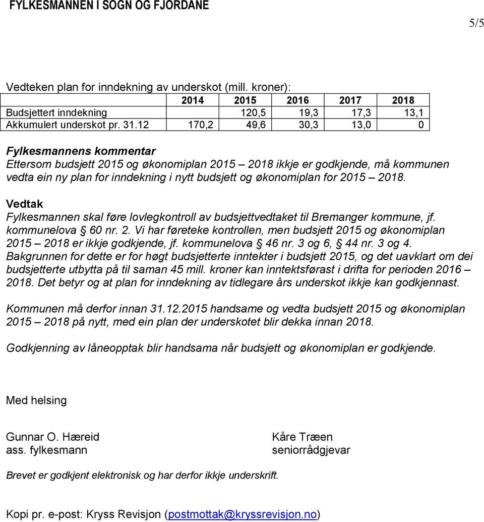 Vedtak Fylkesmannen skal føre lovlegkontroll av budsjettvedtaket til Bremanger kommune, jf. kommunelova 60 nr. 2.