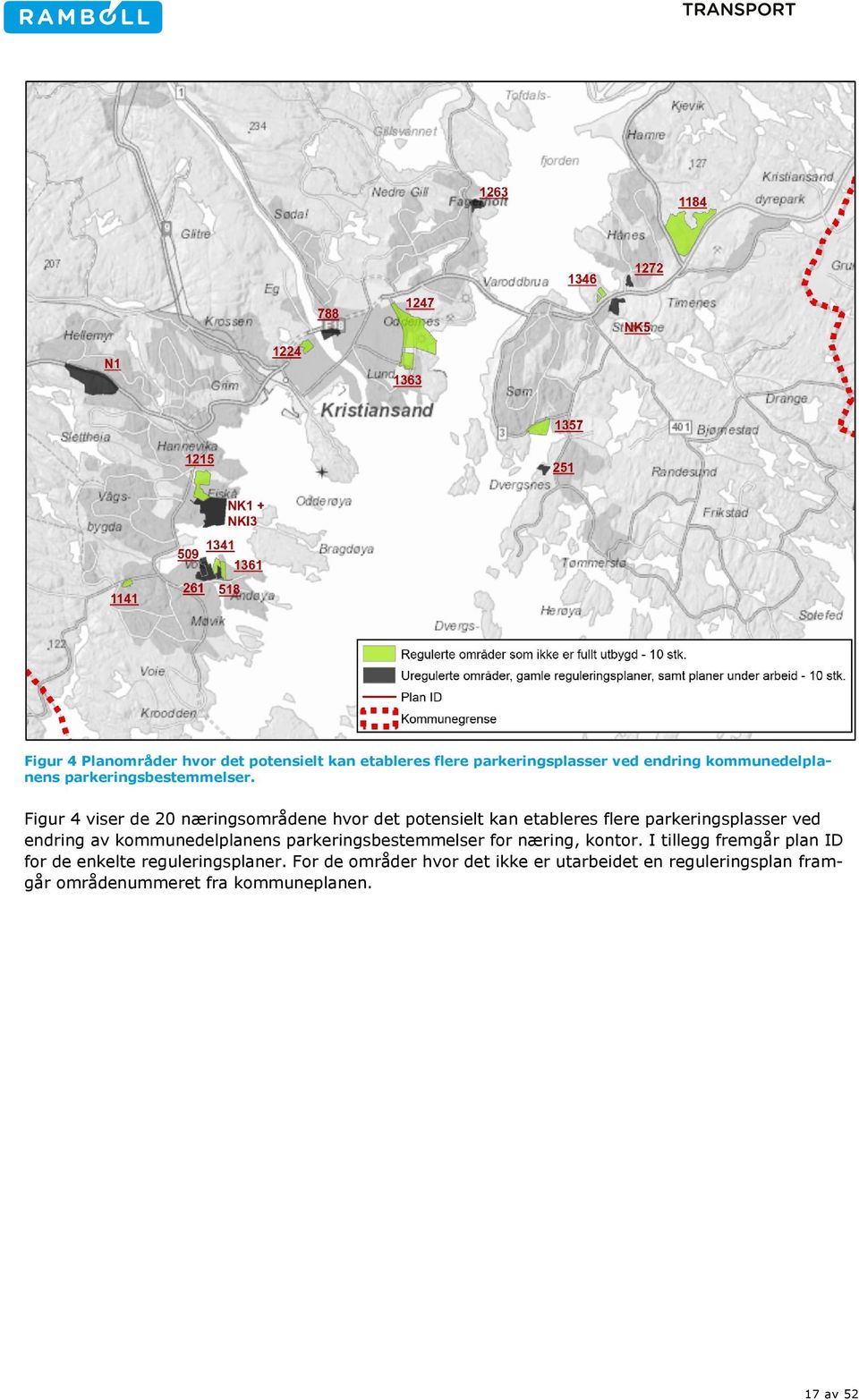 Figur 4 viser de 20 næringsområdene hvor det potensielt kan etableres flere parkeringsplasser ved endring av