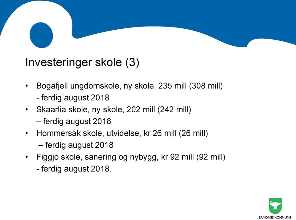 august 2018 Hommersåk skole, utvidelse, kr 26 mill (26 mill) ferdig august