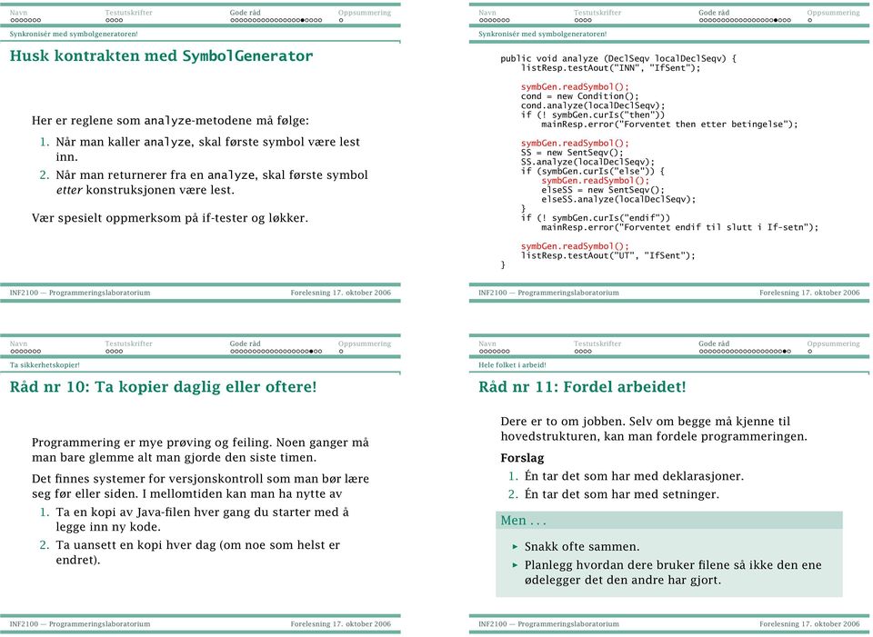 etter konstruksjonen være lest Vær spesielt oppmerksom på if tester og løkker  listresptestaout("inn", "If"); symbgenreadsymbol(); cond = new Condition(); condanalyze(localdeclseqv); if (!