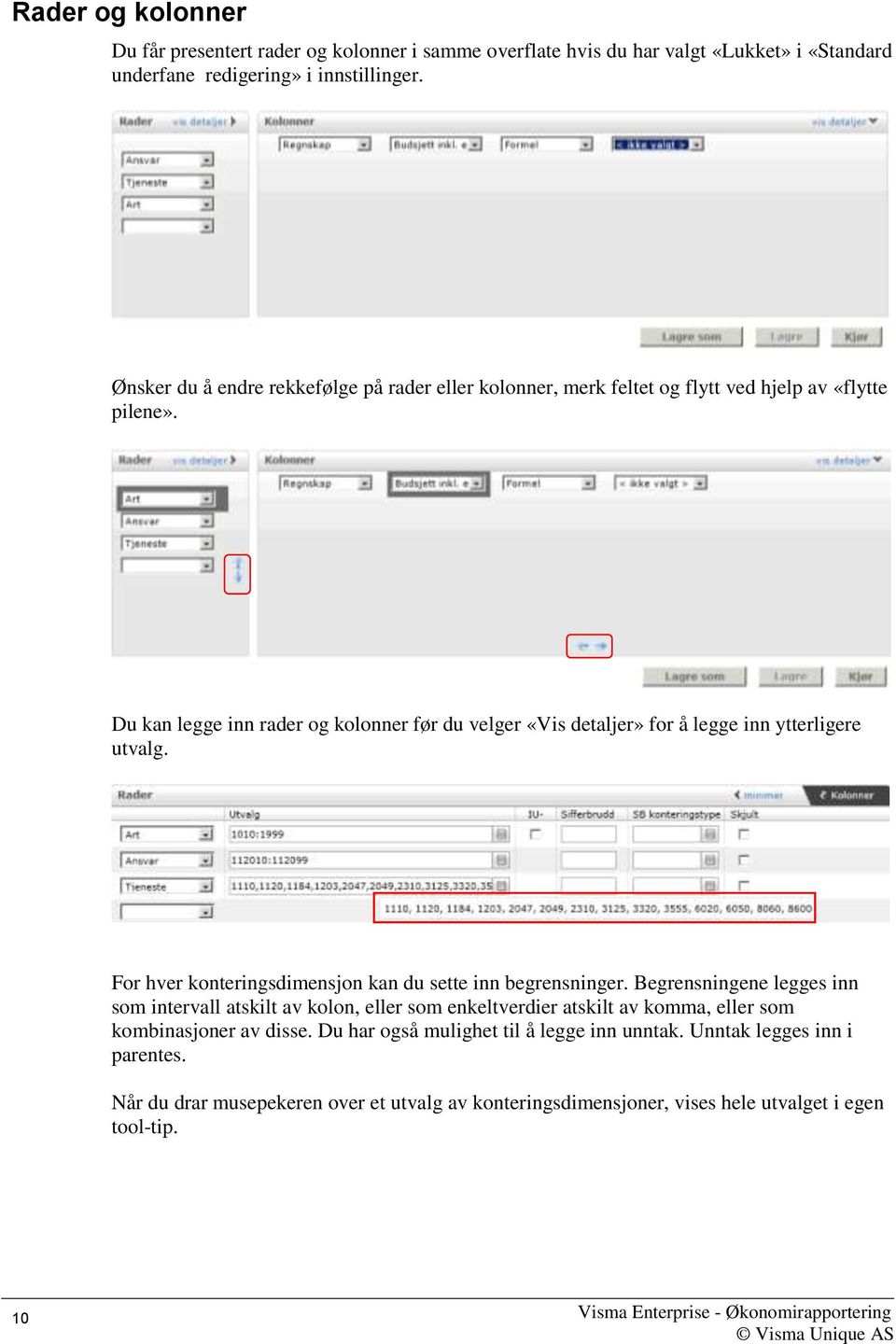 Du kan legge inn rader og kolonner før du velger «Vis detaljer» for å legge inn ytterligere utvalg. For hver konteringsdimensjon kan du sette inn begrensninger.