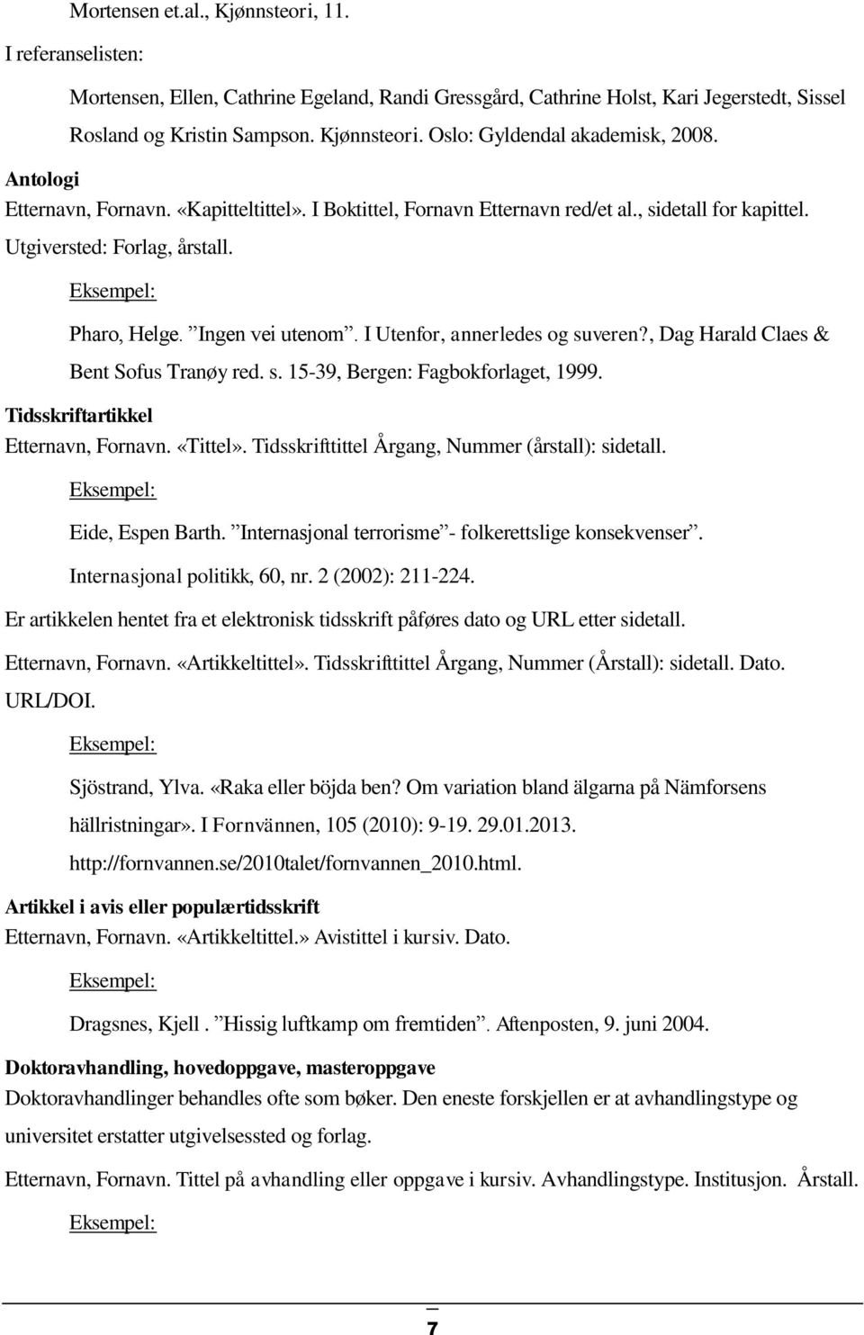 I Utenfor, annerledes og suveren?, Dag Harald Claes & Bent Sofus Tranøy red. s. 15-39, Bergen: Fagbokforlaget, 1999. Tidsskriftartikkel Etternavn, Fornavn. «Tittel».