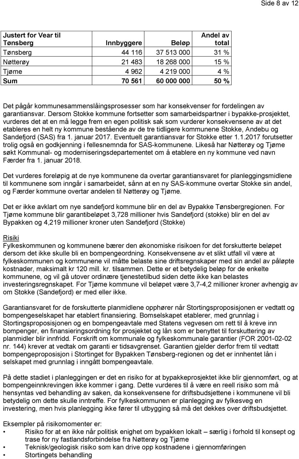 Dersom Stokke kommune fortsetter som samarbeidspartner i bypakke-prosjektet, vurderes det at en må legge frem en egen politisk sak som vurderer konsekvensene av at det etableres en helt ny kommune