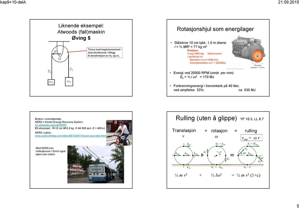 per min): E k = ½ I 2 = 170 MJ orbrenningsenergi i bensintank på 40 liter, ed utnyttelse 33%: ca 530 MJ Brukes i motorkjøretøy: KERS = Kinetic Energy Recoery System: en.wikipedia.