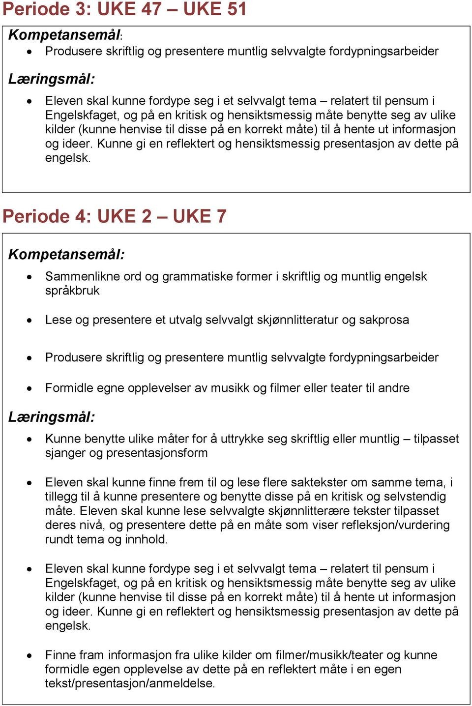 Periode 4: UKE 2 UKE 7 Sammenlikne ord og grammatiske former i skriftlig og muntlig engelsk språkbruk Lese og presentere et utvalg selvvalgt skjønnlitteratur og sakprosa Produsere skriftlig og