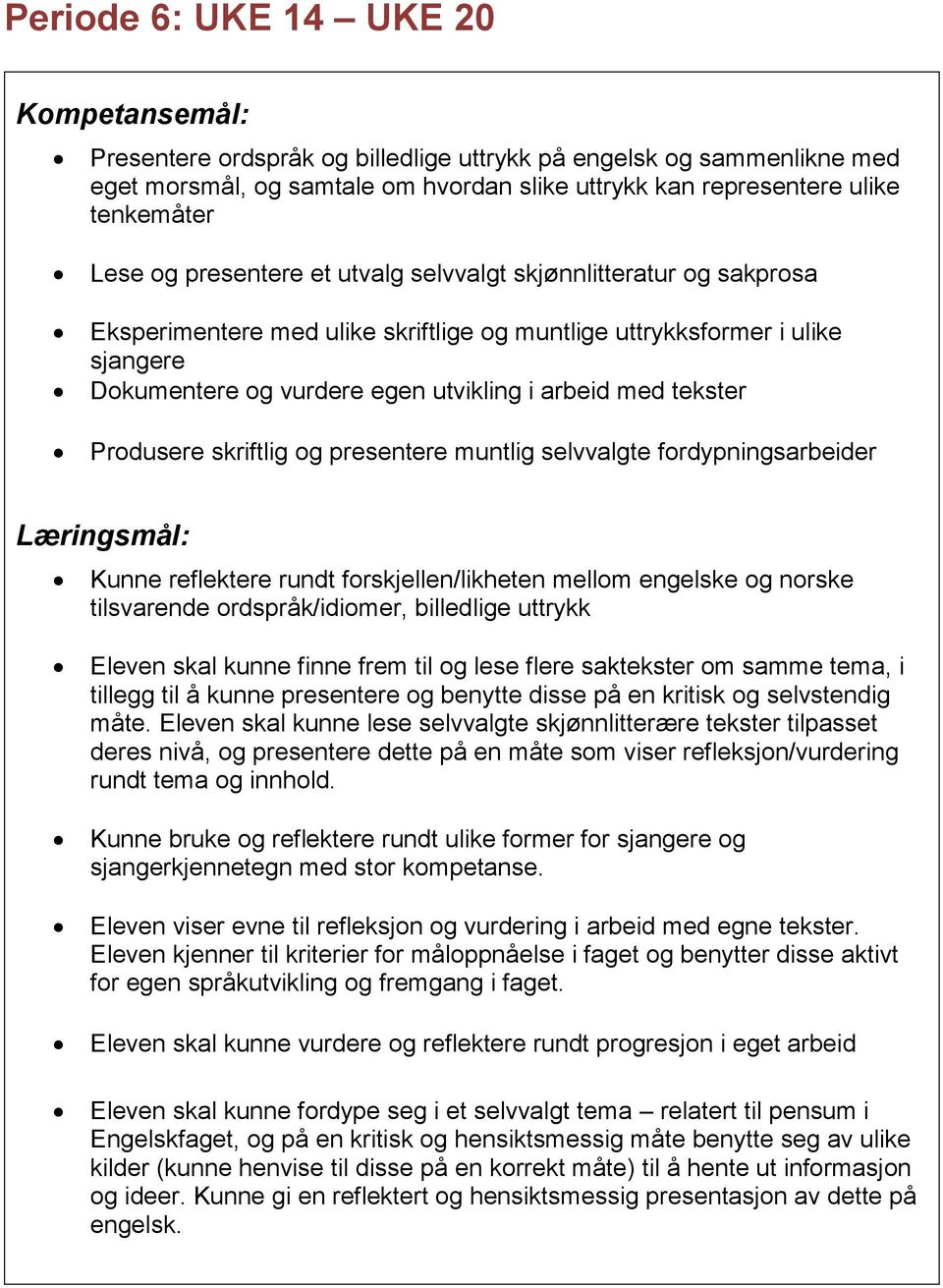 skriftlig og presentere muntlig selvvalgte fordypningsarbeider Kunne reflektere rundt forskjellen/likheten mellom engelske og norske tilsvarende ordspråk/idiomer, billedlige uttrykk Eleven skal kunne