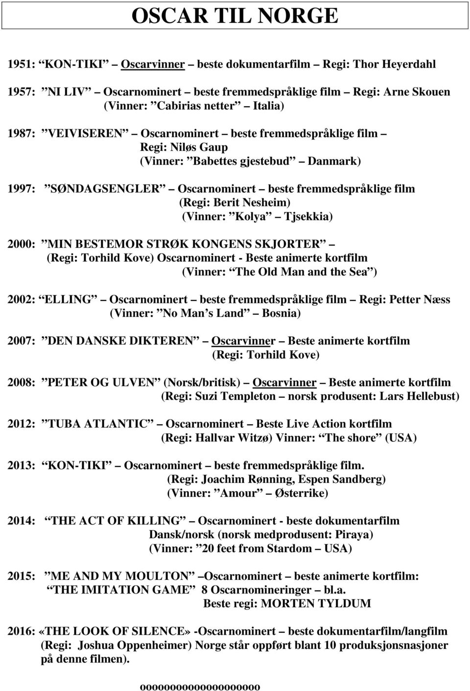 Kolya Tjsekkia) 2000: MIN BESTEMOR STRØK KONGENS SKJORTER (Regi: Torhild Kove) Oscarnominert - Beste animerte kortfilm (Vinner: The Old Man and the Sea ) 2002: ELLING Oscarnominert beste